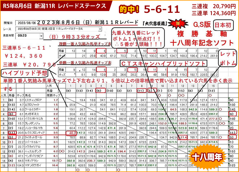 2023/08/06 新潟11R レパードステークスの競馬予想ソフト的中画面
