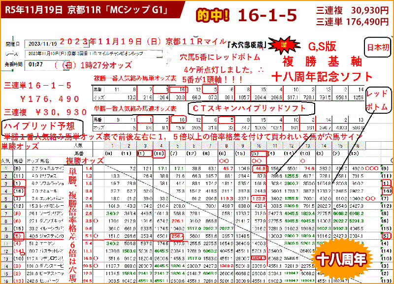 2023/11/19 京都11R イルチャンピオンシップG1の競馬予想ソフト的中画面